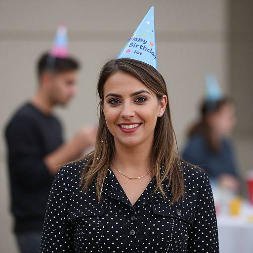 Photograph of a smiling woman with light brown hair, wearing a blue party hat, black polka dot blouse, and gold necklace, standing in a