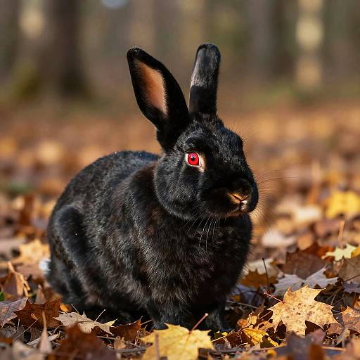 Photograph of a black rabbit with bright red eyes, sitting on a forest floor covered in autumn leaves, sunlight filtering through trees.