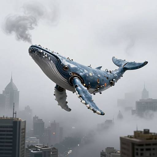 Digital artwork of a giant blue whale with mechanical parts soaring above a foggy cityscape, featuring skyscrapers and smoke.