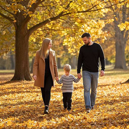 Photograph of a family holding hands in an autumn park, with golden leaves, a father in black, mother in brown coat, and blond-haired child