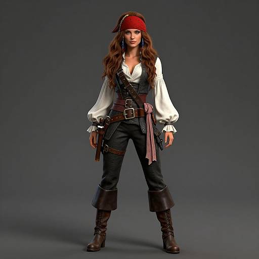 Photorealistic digital rendering of a young woman as a pirate, wearing a red bandana, white shirt, black vest, and pants with brown boots