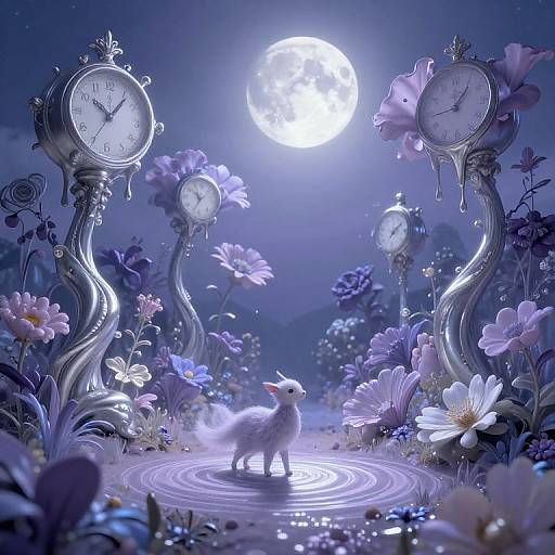 Digital fantasy artwork: White fluffy cat stands under glowing moon, surrounded by surreal, silver clock flowers in a starry, moonlit garden.