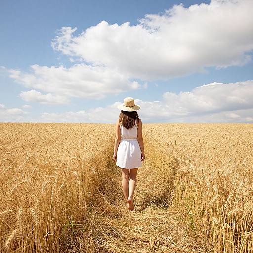 Woman Walking on Golden Wheat Path