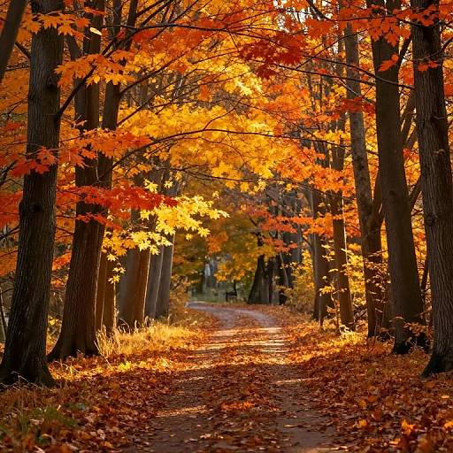 Photograph of a sunlit autumn forest path, lined with tall trees, vibrant orange and yellow leaves, and a carpet of fallen leaves.