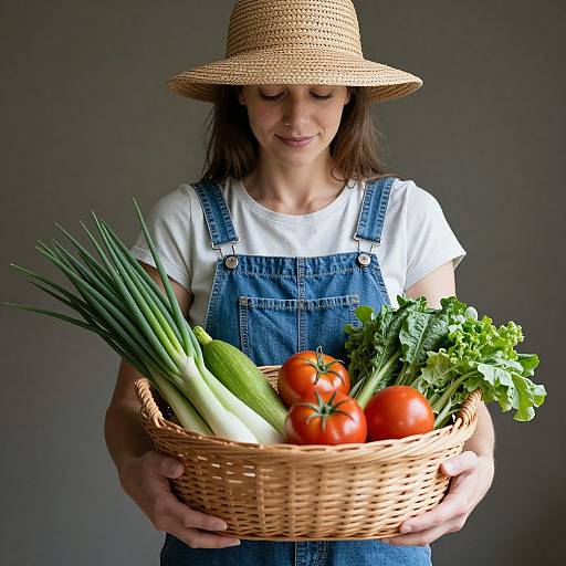 Woman with Straw Hat and Fresh Vegetables