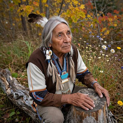 Photograph of an elderly Native American man with long gray hair, feathered headband, traditional brown and white shirt, sitting on log in autumn forest