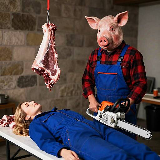 Surreal Identity: Chainsaw and Pig Mask Scene