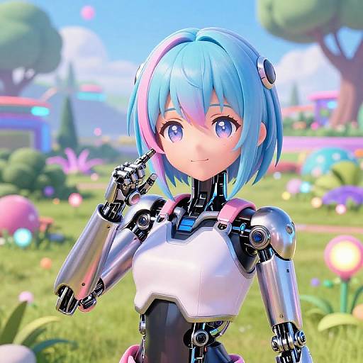 Digital anime-style drawing of a cute, blue-haired, robotic girl with large blue eyes, metallic arms, and chest, smiling in a vibrant, colorful