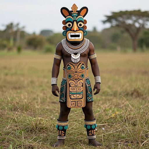 Photograph of a dark-skinned man standing in grassy field, wearing intricate, colorful Aztec-style mask and jewelry, with detailed chest and lo