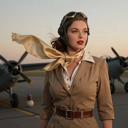 Photograph-style digital artwork of a red-lipped, brown-eyed woman in vintage aviator gear, khaki suit, and yellow scarf, standing on