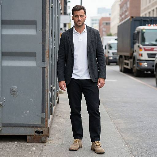 Photograph of a handsome, brown-haired man in a black blazer, white shirt, black pants, and beige boots, standing on a city street