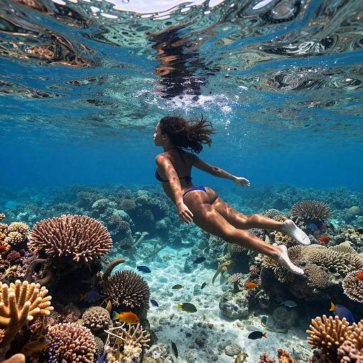 Photograph of a slender, dark-haired woman in a blue bikini, swimming underwater surrounded by colorful coral reefs and small fish.
