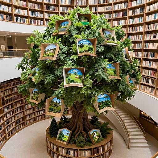 Photograph of a lush, green, tree-like sculpture with framed nature photos, standing in a circular, book-filled library.
