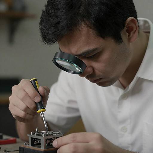 Focused Technician with Magnifier and Screwdriver