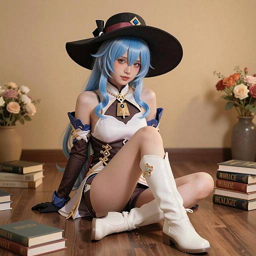 Anime Woman with Blue Hair and Books