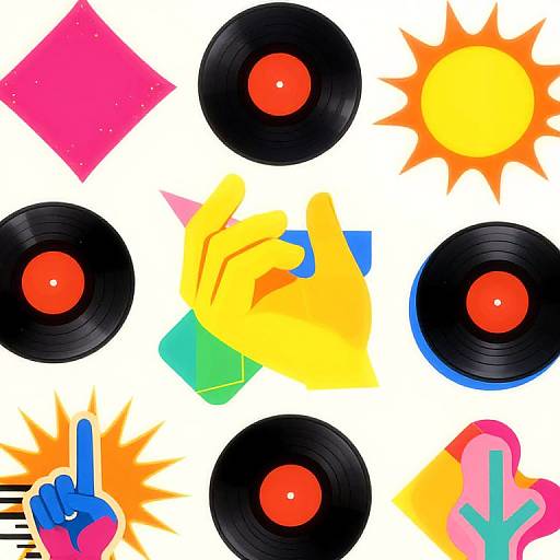 Bright digital illustration with colorful elements: yellow hand pressing play, black vinyl records, pink square, sun, blue-green cube, starburst, and blue