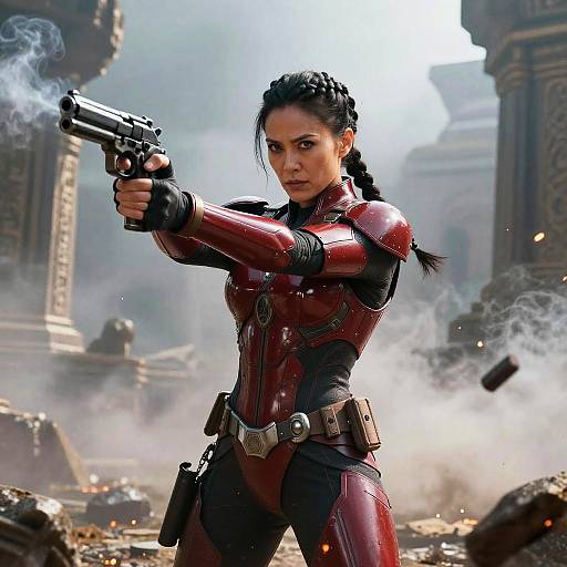 Digital artwork of a fierce woman with dark braided hair, wearing red and black armored suit, aiming a gun amid smoke and ruins. Background features ancient