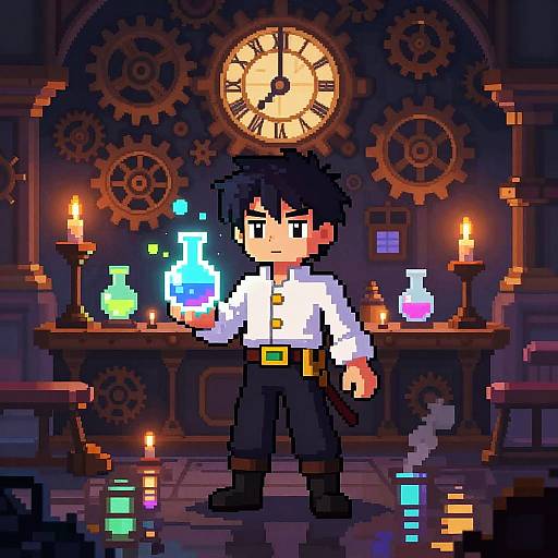 Pixel Anime Alchemist in Mystical Lab