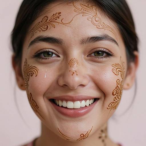 Close-up photograph of a smiling young woman with dark hair, brown eyes, and light brown skin, adorned with intricate henna patterns on her face.