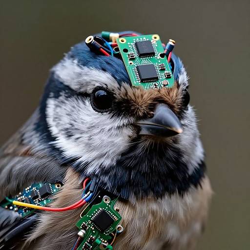 Close-up photograph of a small bird with black, white, and brown feathers, wearing a green circuit board with red, yellow, and black wires on