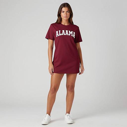 Woman in Maroon T-Shirt Dress