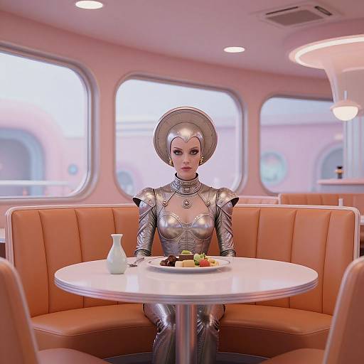 Photorealistic CGI of a silver-clad humanoid woman with a metallic headpiece, sitting in a pink-lit retro diner, table with food and