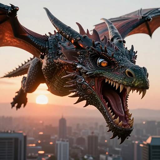CGI dragon with intricate black scales, glowing orange eyes, and sharp teeth flying over a cityscape at sunset. Detailed wings spread wide, city lights