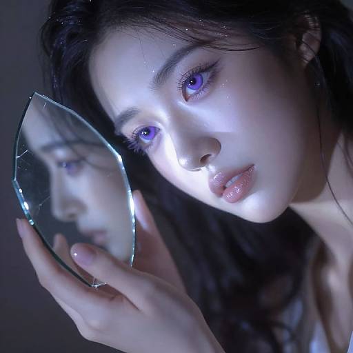 Photograph of a young Asian woman with blue eyes, holding a reflective, oval mirror, illuminating her face with soft white light.