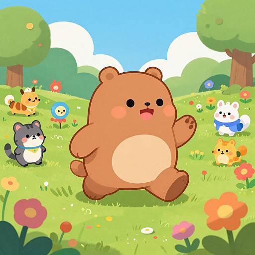 Cartoon-style digital illustration of a cheerful, chubby brown bear running in a colorful, sunny meadow with various cute, small animals and vibrant flowers.