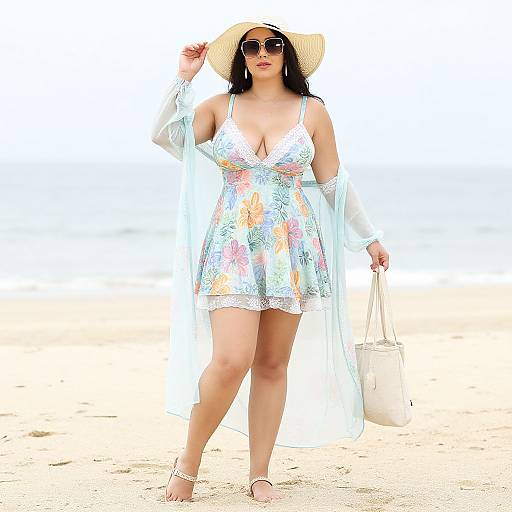 Photograph of a curvy woman with large breasts, wearing a floral dress, off-shoulder sleeves, straw hat, sunglasses, and sandals,