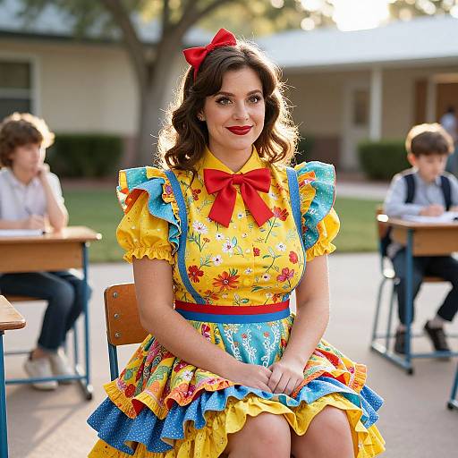 Photograph of a smiling young woman with wavy brown hair, red bow, yellow floral dress with blue ruffles, red bow, seated in a