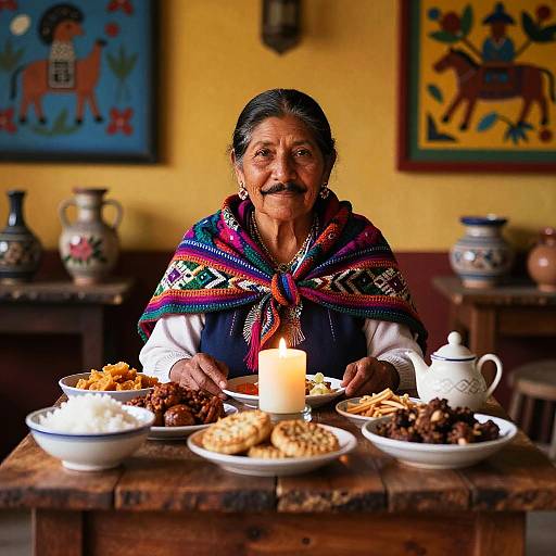 Photograph of an elderly Indigenous woman with dark skin, gray hair, and mustache, wearing a colorful traditional shawl, sitting at a wooden table