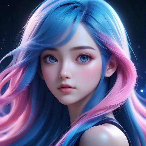 Mysterious Female Game Character with Blue and Pink Hair