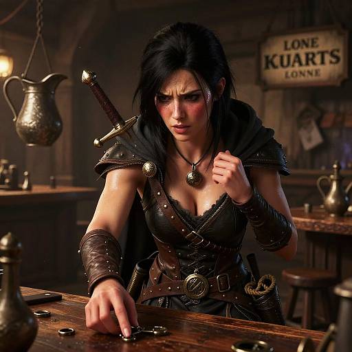 Female Rogue Picking Locks in Rustic Tavern