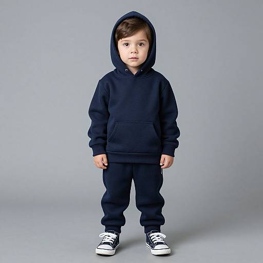 Photograph of a young boy with light skin and brown hair, wearing a black hooded sweatshirt, matching black pants, and black-and-white sneakers