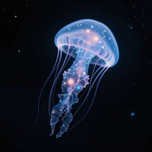 Photograph of a glowing, translucent jellyfish with blue and purple bioluminescent lights, floating in a dark, starry ocean.