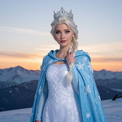 Photograph of a fair-skinned woman with platinum blonde hair in a braid, wearing a silver crown, white lace dress, and blue snowflake