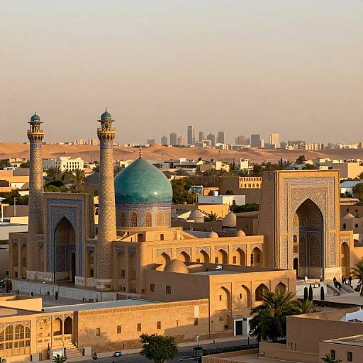 Photograph of a sunlit, historic Islamic mosque with two turquoise domes and tall minarets, surrounded by sandy-colored buildings and palm trees,