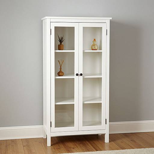 Photograph of a white, two-door, four-shelf cabinet with minimalist decor: two small pots on upper shelves, against a light blue wall,