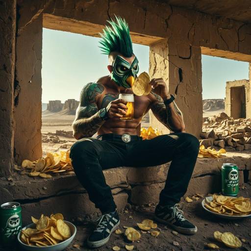Muscular Man with Green Mohawk and Owl Mask Eating Chips in Desert Ruins Muscular Man with Green Mohawk and Owl Mask Eating Chips in Desert Ruins
