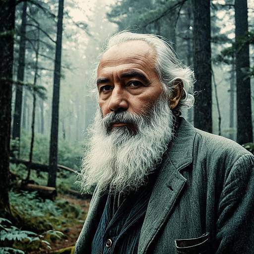 Elderly Man with White Beard in Misty Forest