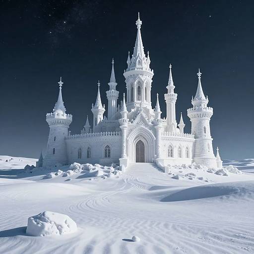 Photorealistic digital rendering of a snow-covered, white, Gothic-style castle with multiple spires, set against a dark, starry night sky.