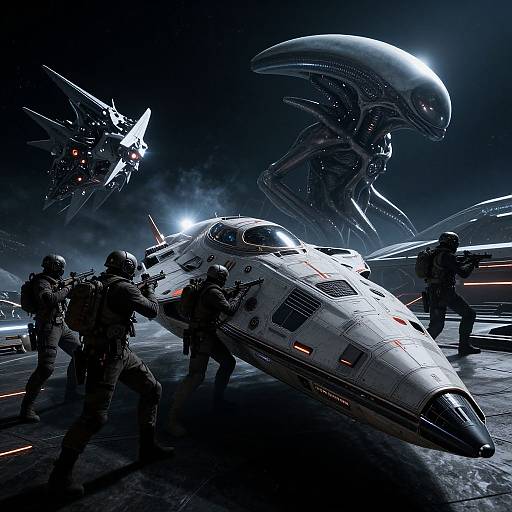 Sci-fi battle scene: soldiers in dark armor defend a damaged fighter jet against alien spacecraft and a massive, sleek alien creature in a dark, starry