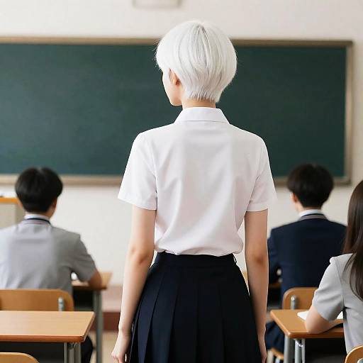 Photorealistic White-Haired Woman in Classroom
