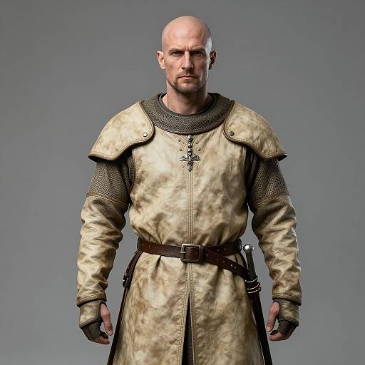 Photograph of a bald, muscular, fair-skinned man in medieval-style armor with a tan, leather-like tunic, brown belt, and mesh