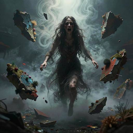 Photograph-style digital art: Wild-eyed, long-haired woman with tattered clothes, mid-leap, surrounded by floating, shattered debris in a fog