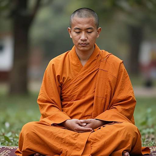 Photograph of a meditating Buddhist monk in an orange robe, sitting cross-legged on a bench in a green, blurred park.