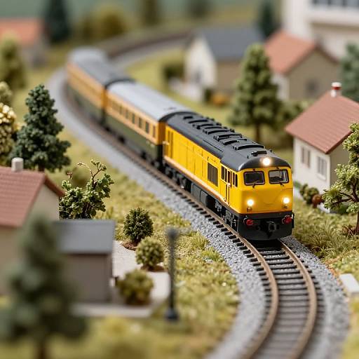 Photograph of a detailed, vibrant yellow and black model train curving through a miniature suburban landscape with red-roofed houses and green trees.