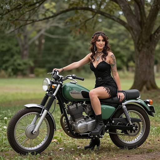 Photograph of a tattooed woman with curly brown hair, wearing a black lace dress and boots, sitting on a green vintage motorcycle in a grassy