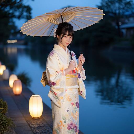 Photograph of a Japanese woman in a floral kimono, holding a paper umbrella, standing by a twilight river with glowing lanterns.